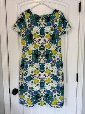 Talbots Floral Shift Dress in White with Teal & Yellow Size 10